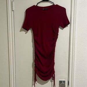 Zara Red short sleeve ruched ribbed side tie mini dress